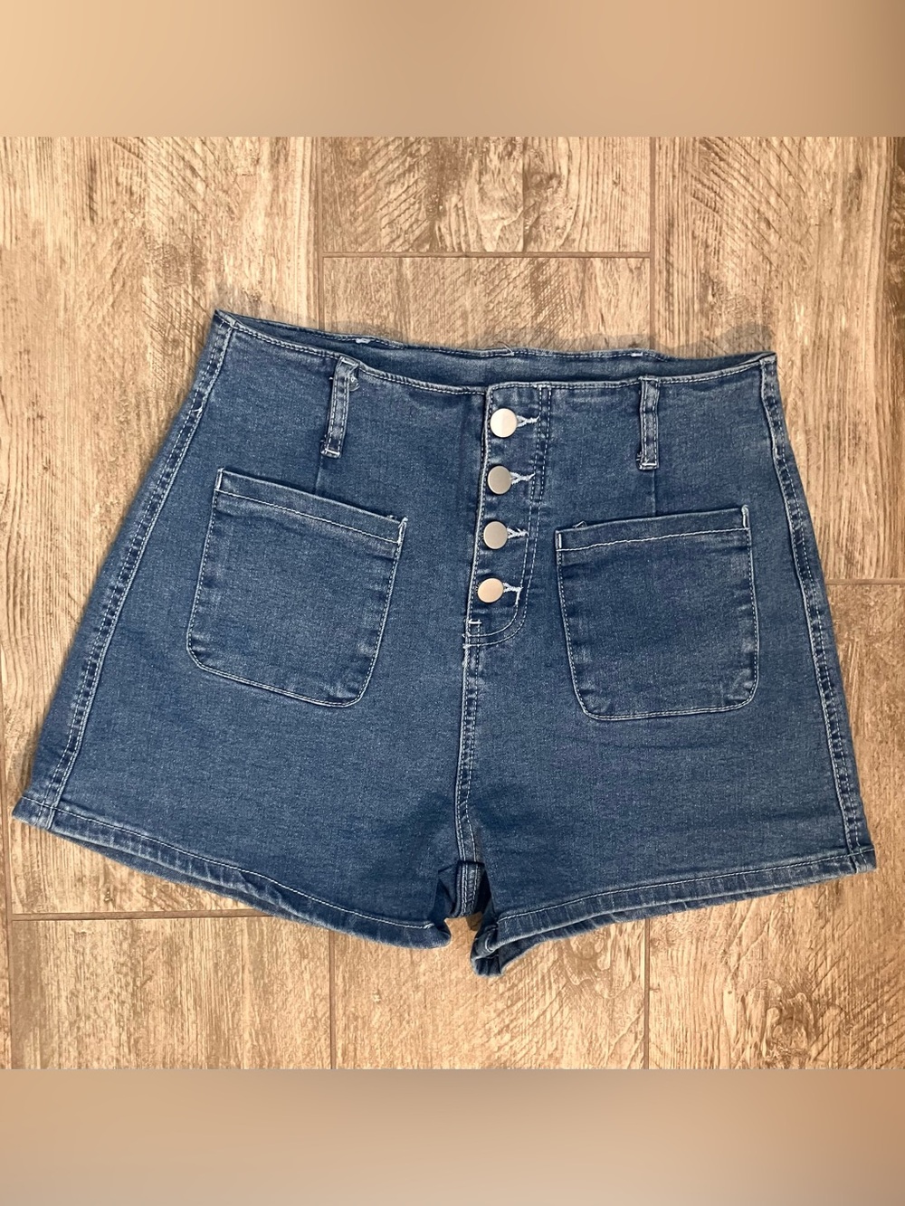 High-Waist Blue Denim Button-Front Shorts with Front Patch Pockets